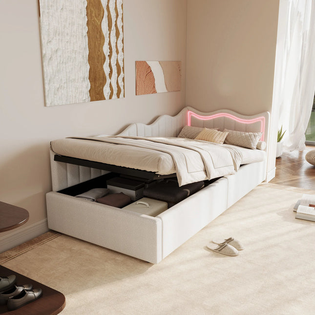 Lit coffre 1 place 90x200 avec rangement hydraulique – Velours beige