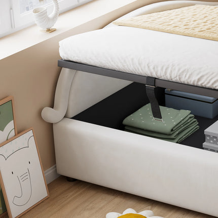 Lit coffre 1 place 90x200 avec rangement – Design chat en velours beige