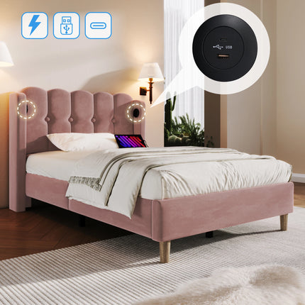 Lit 1 place 90x200 – Velours rose capitonné avec port USB-C intégré