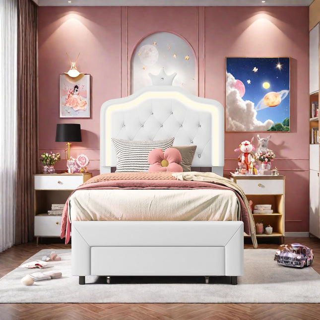 Lit 1 place 90x200 – Design princesse avec tiroir de rangement Blanc