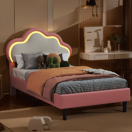Lit enfant 1 place 90x200 – Design nuage LED en simili cuir rose