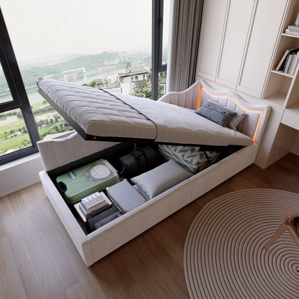 Lit coffre 1 place 90x200 avec rangement hydraulique – Velours beige