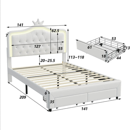 Lit 2 places 140x200 – Design princesse avec tiroir de rangement Blanc