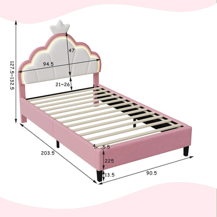 Lit 1 place 90x200 – Design princesse LED avec tête de lit couronne Rose