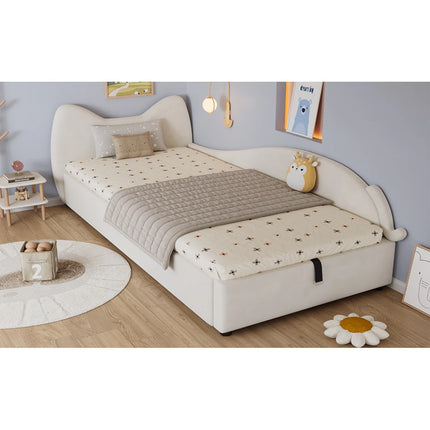 Lit coffre 1 place 90x200 avec rangement – Design chat en velours beige