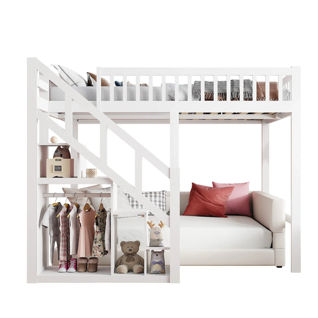 Lit mezzanine 1 ou 2 places 140x200 – Bois blanc avec escalier et rangements