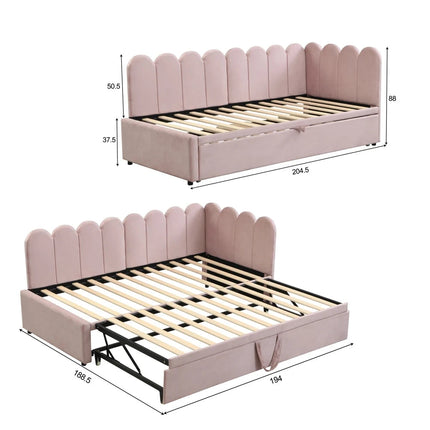 Lit gigogne 1 place 90x190 extensible – Velours rose design pétale