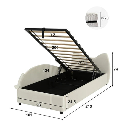 Lit coffre 1 place 90x200 avec rangement – Design chat en velours beige