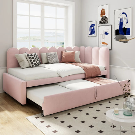 Lit gigogne 1 place 90x190 extensible – Velours rose design pétale