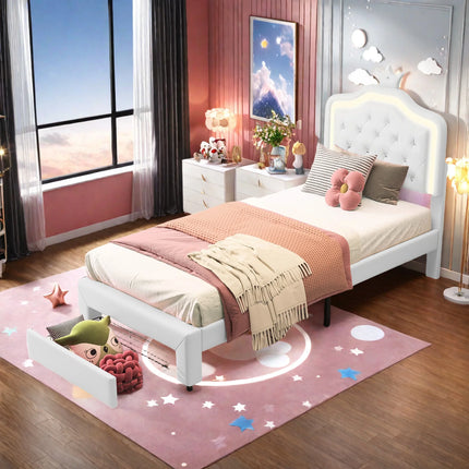 Lit 1 place 90x200 – Design princesse avec tiroir de rangement Blanc