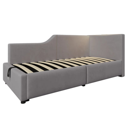 Lit coffre 1 place 90x200 avec rangement – Daybed velours avec lumière & USB-C Gris
