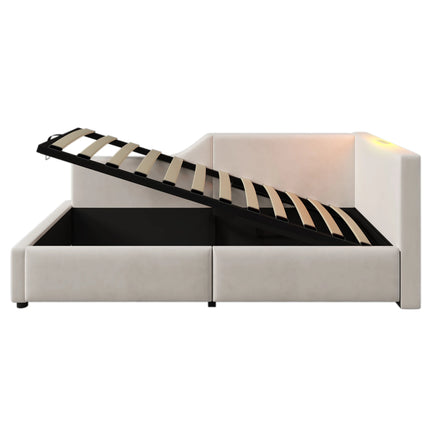 Lit coffre 1 place 90x200 avec rangement – Daybed velours avec lumière & USB-C Beige
