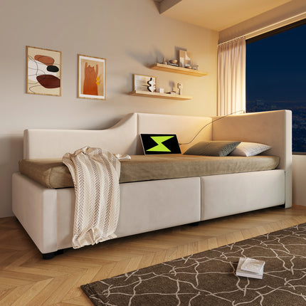 Lit coffre 1 place 90x200 avec rangement – Daybed velours avec lumière & USB-C Beige