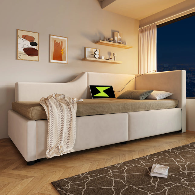 Lit coffre 1 place 90x200 avec rangement – Daybed velours avec lumière & USB-C Beige