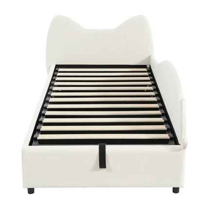 Lit coffre 1 place 90x200 avec rangement – Design chat en velours beige