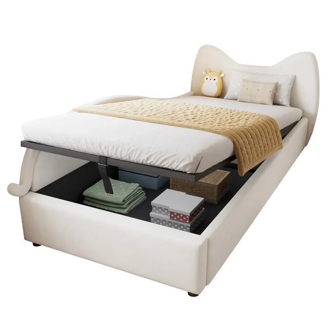 Lit coffre 1 place 90x200 avec rangement – Design chat en velours beige