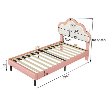 Lit enfant 1 place 90x200 – Design nuage LED en simili cuir rose