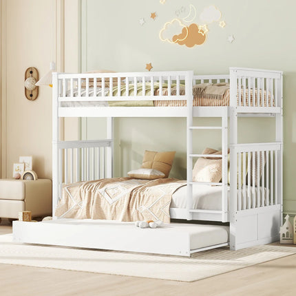 Lit mezzanine 2 lits de 1 place 90x200 – Bois avec escalier et lit gigogne Blanc