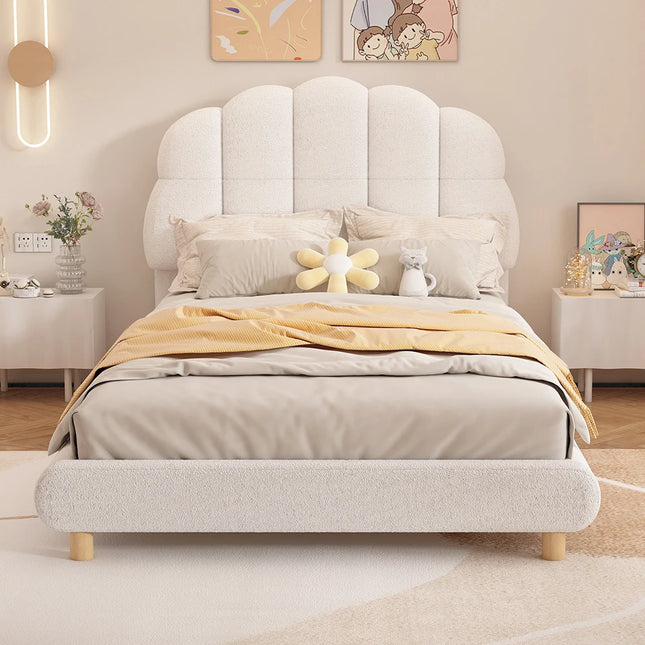 Lit 1 place 90x200 – Tissu blanc design fleur en peluche Blanc