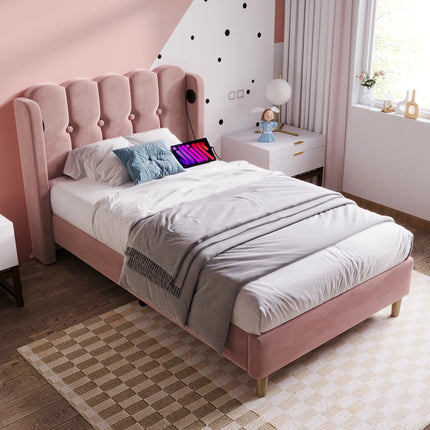 Lit 1 place 90x200 – Velours rose capitonné avec port USB-C intégré