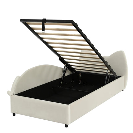 Lit coffre 1 place 90x200 avec rangement – Design chat en velours beige