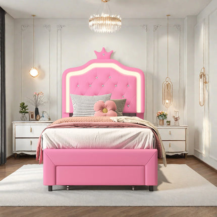 Lit 1 place 90x200 – Design princesse avec tiroir de rangement Rose