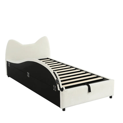 Lit coffre 1 place 90x200 avec rangement – Design chat en velours beige