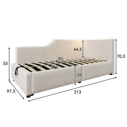 Lit coffre 1 place 90x200 avec rangement – Daybed velours avec lumière & USB-C Beige