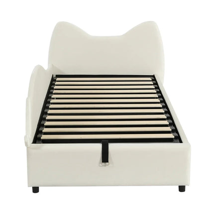 Lit coffre 1 place 90x200 avec rangement – Design chat en velours beige