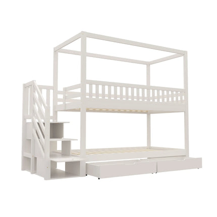 Lit mezzanine 1 place 90x200 – 2 couchages Bois massif blanc avec escalier rangement et tiroirs