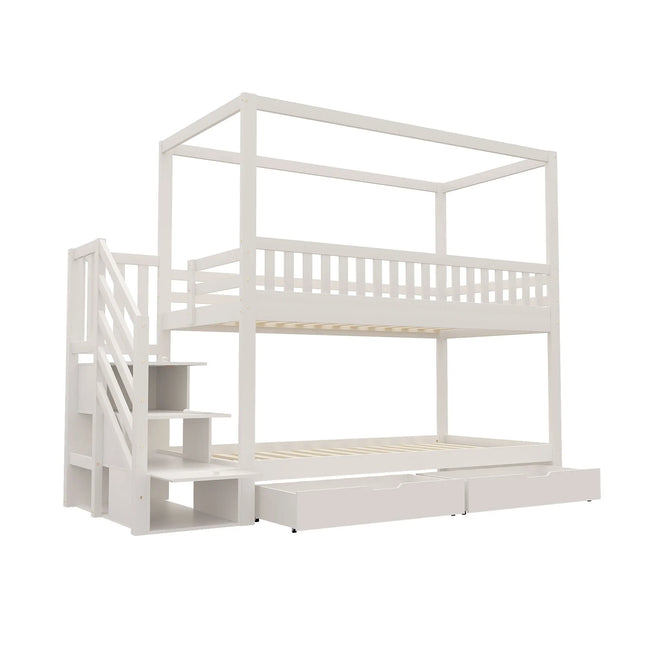 Lit mezzanine 1 place 90x200 – 2 couchages Bois massif blanc avec escalier rangement et tiroirs