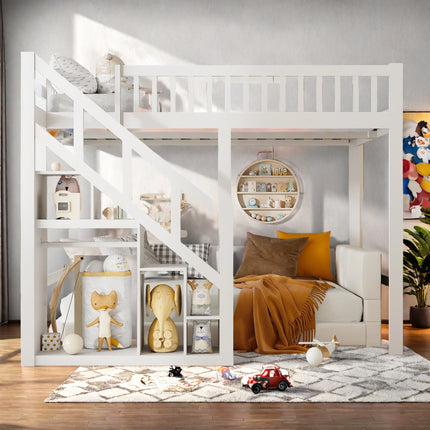 Lit mezzanine 1 ou 2 places 140x200 – Bois blanc avec escalier et rangements