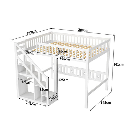 Lit mezzanine 1 ou 2 places 140x200 – Bois blanc avec escalier et rangements