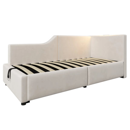 Lit coffre 1 place 90x200 avec rangement – Daybed velours avec lumière & USB-C Beige