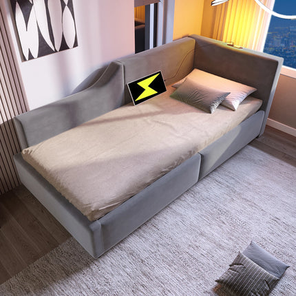 Lit coffre 1 place 90x200 avec rangement – Daybed velours avec lumière & USB-C Gris