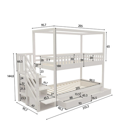 Lit mezzanine 1 place 90x200 – 2 couchages Bois massif blanc avec escalier rangement et tiroirs