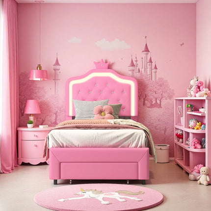 Lit 1 place 90x200 – Design princesse avec tiroir de rangement Rose