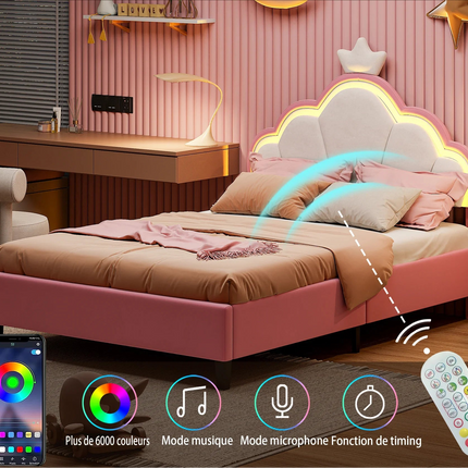 Lit 1 place 90x200 – Design princesse LED avec tête de lit couronne Rose