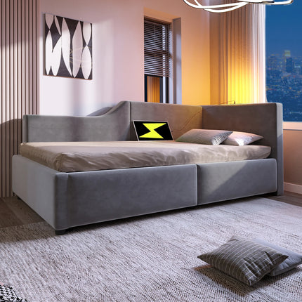 Lit coffre 1 place 90x200 avec rangement – Daybed velours avec lumière & USB-C Gris